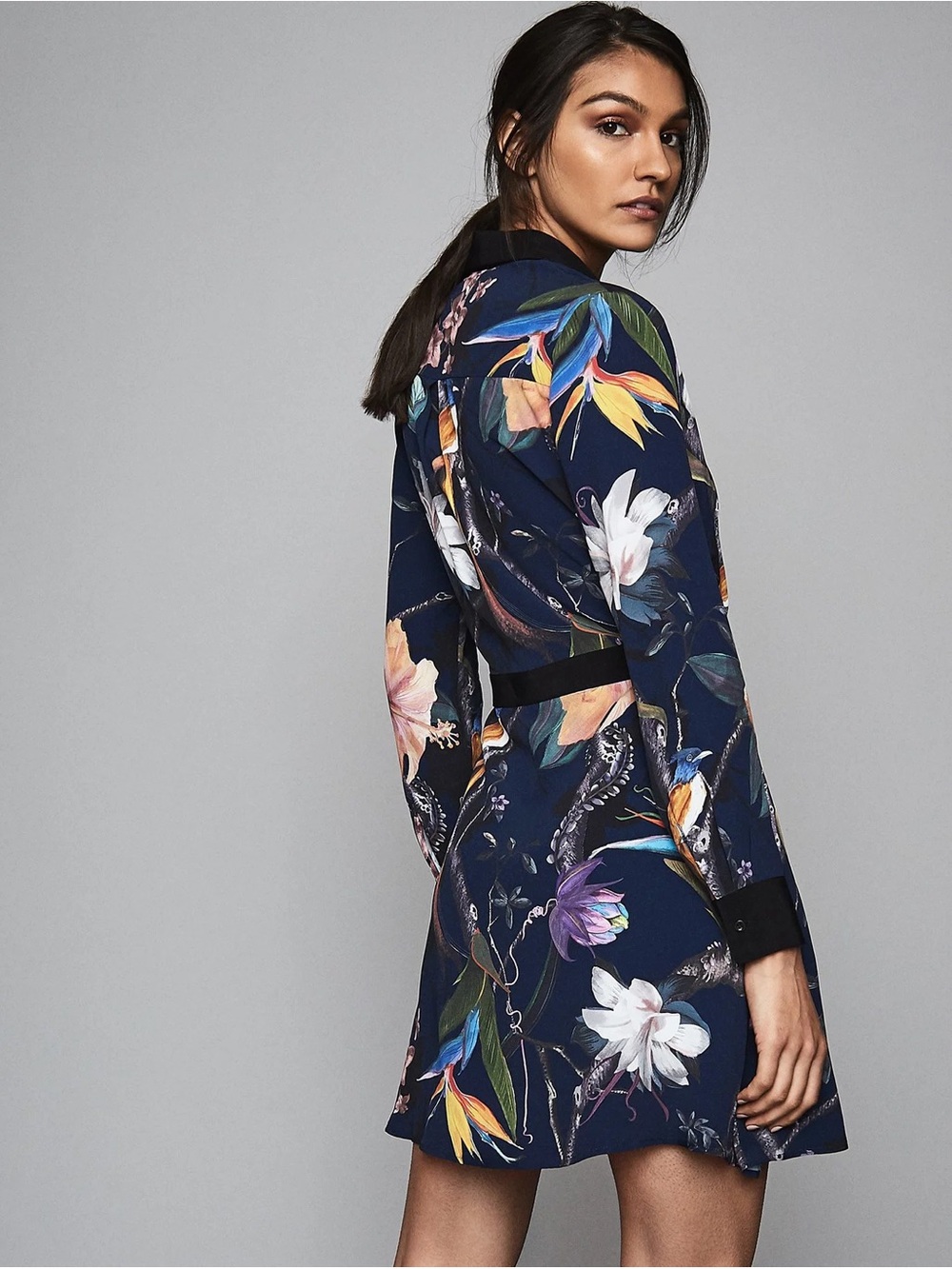 REISS Gilda Navy Rainforest Print Long Sleeve Shirt Dress Size 4 Small - Picture 4 of 13